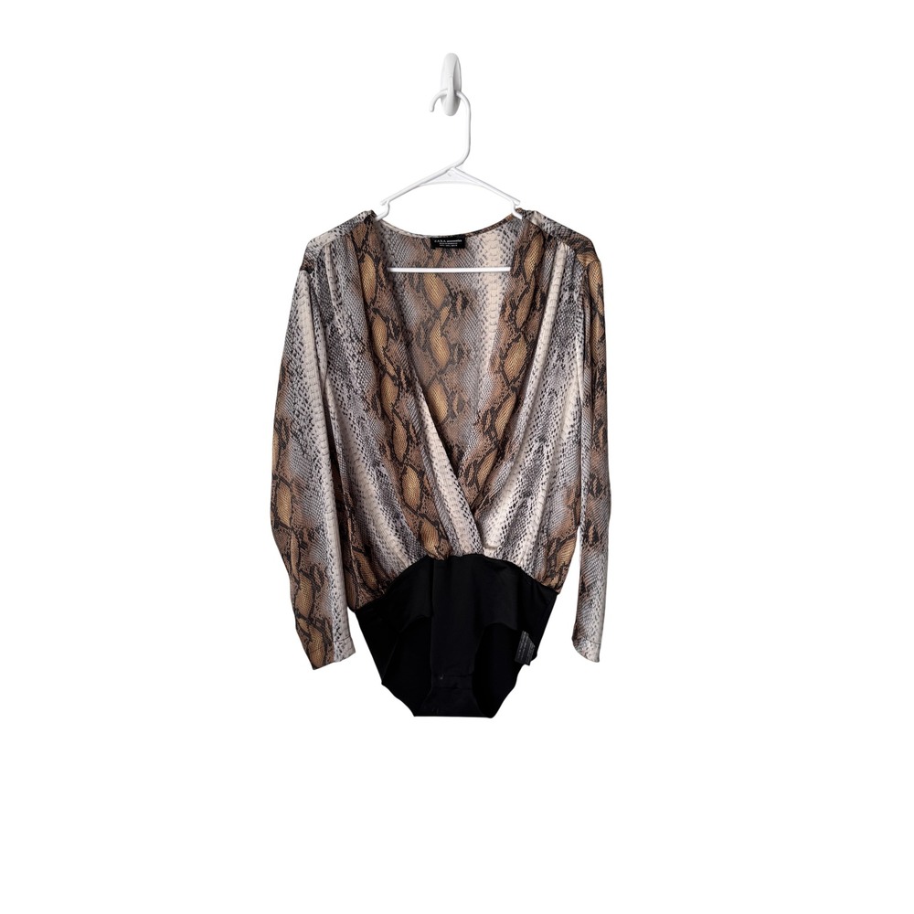 Zara‎ Accessories Snakeskin Print Surplice V-Neck Long Sleeve Bodysuit Brown L